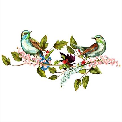 vinilo_pareja_pájaros_flores_rama_colores_hojas